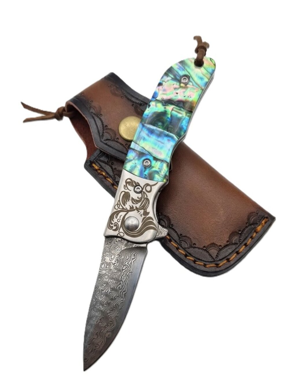 4” 10-B003CAB Damascus blade knife abalone handle with leather pouch